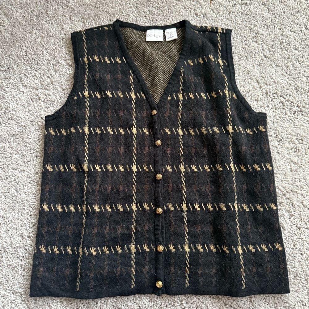 Vintage Black and Brown Plaid Vest Cardigan Size Large